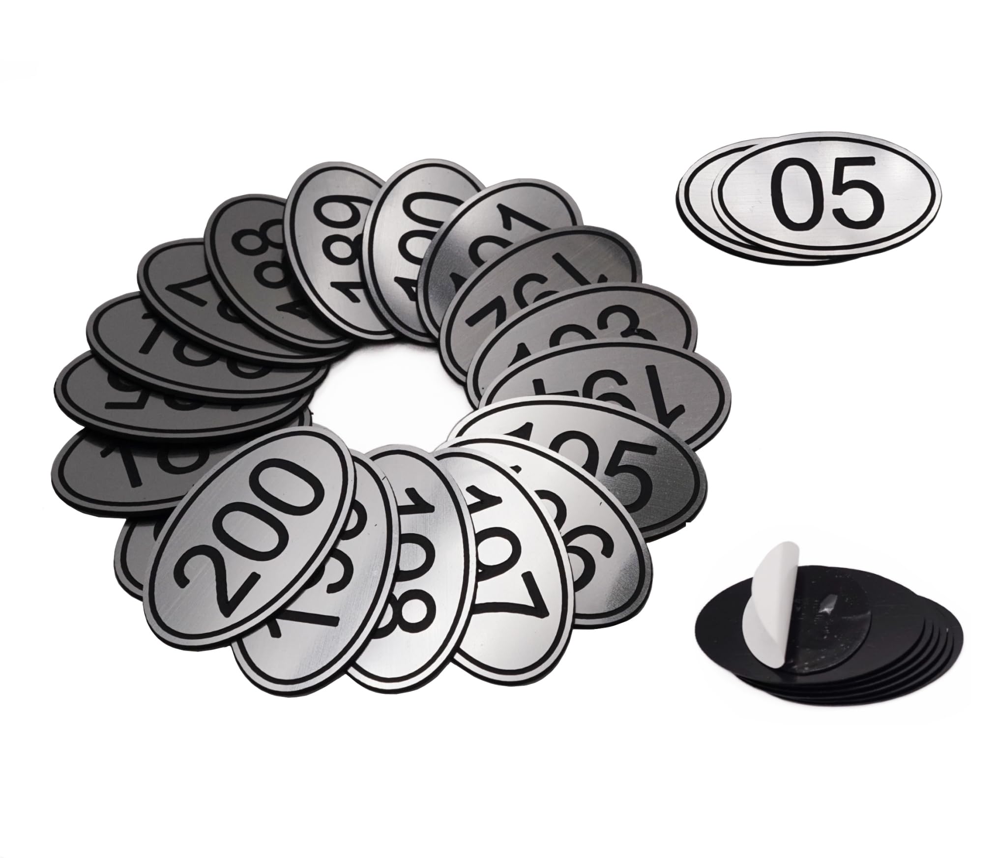 NanTun 50 Sets ABS Engraved Silver Oval Table Numbers Locker Tags with Double-Sided Tape - 1 to 50