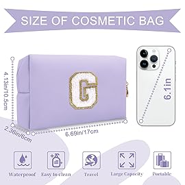Personalized Makeup Bag Initial A-Z Preppy Patch Bag,Small PU Leather Travel Cosmetic Bag Pouch with Zipper,Purple Cute Toiletry Bag,Gift Ideal for Teen Girls Women Birthday Friend Mom,Latter G
