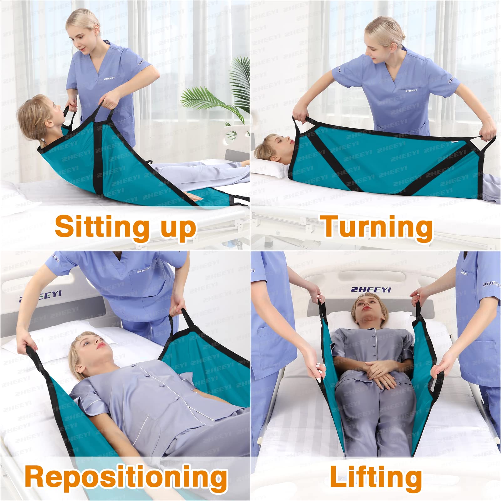 Almohadilla de cama multiusos de 39 x 36 pulgadas con asas reforzadas, sábana reutilizable y lavable para tornear, levantar y reposicionar, tela de nailon de doble cara, azul pavo real