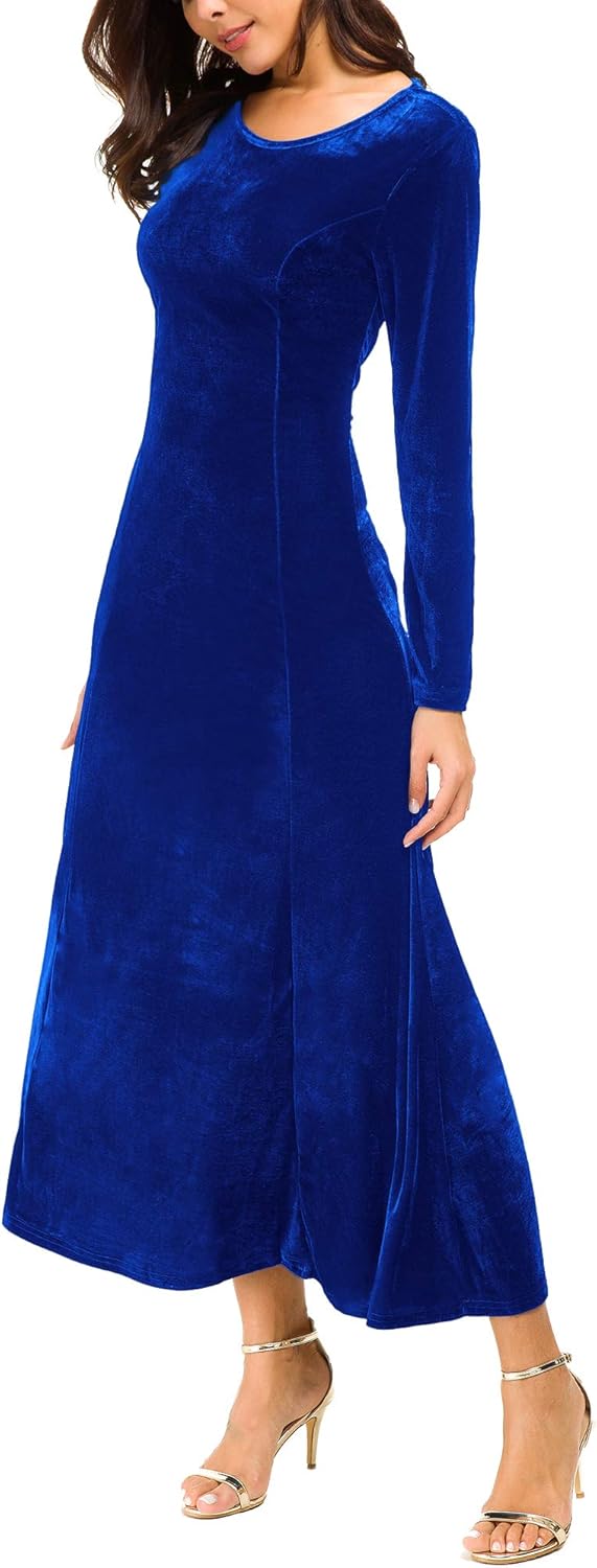 Urban CoCo Women's Elegant Long Sleeve Ruched Velvet Stretchy Long Dress - Image 2
