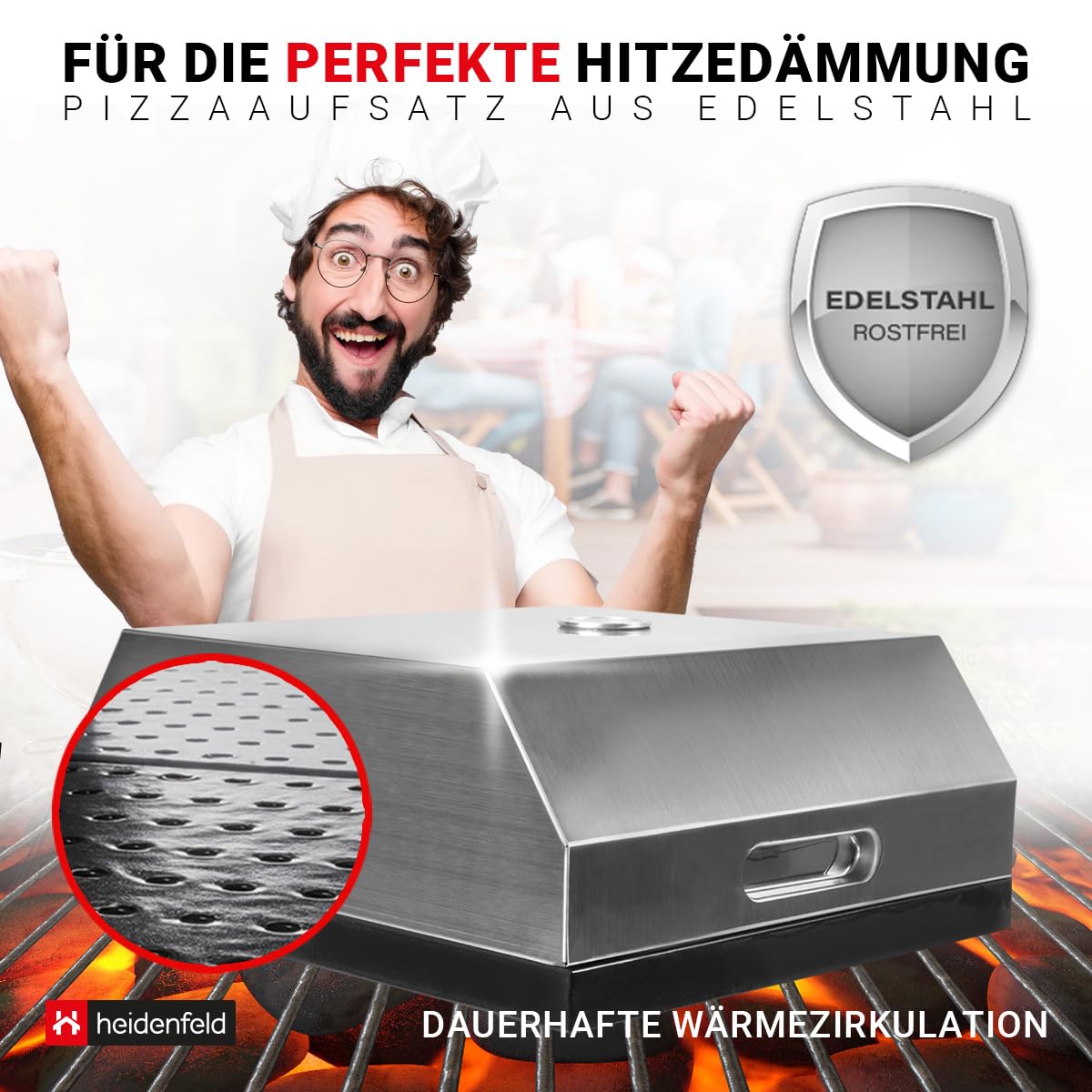 Heidenfeld Pizzaaufsatz Roma | Grillaufsatz - Pizzamaker - Edelstahl - 315°C - Thermometer inklusive - Pizzabox - integrierter Pizzastein - für Holzkohlegrill und Gasgrill - Pizza Maker