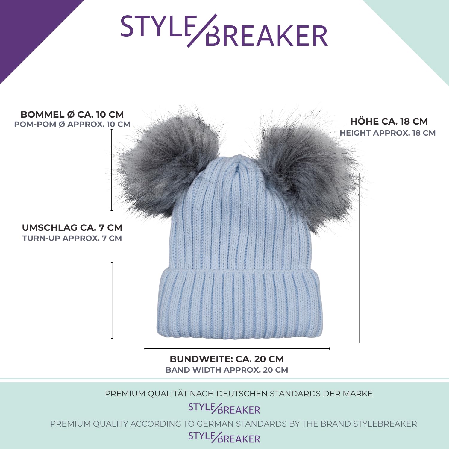 styleBREAKER Gorro de Punto para niños con 2 Pompones de Piel sintética y Forro Polar, Gorro de Invierno, Gorro de Punto, 2-5 años 04024203