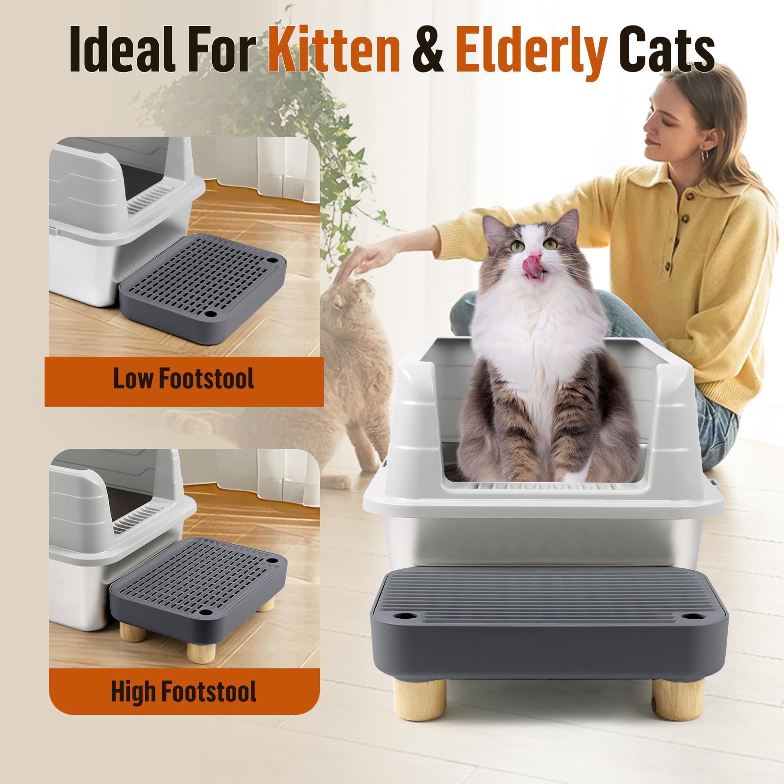 Erhöhte Katzenklo-Rampe, Katzentreppe mit Holzfüßen, Katzenstreu-Filterpedal für automatische selbstreinigende Roboter-Katzentoilette, ideal für Kätzchen und ältere Katzen(Dunkelgrau)
