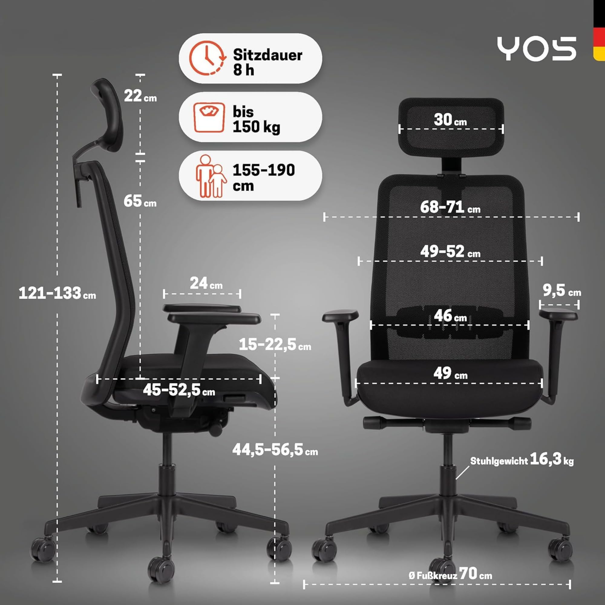 YOS S5 ergonomischer Bürostuhl mit Kopfstütze, Schreibtischstuhl | Netzrücken, Lordosenstütze, Kopfstütze, 150 kg Belastbarkeit – Made in Germany