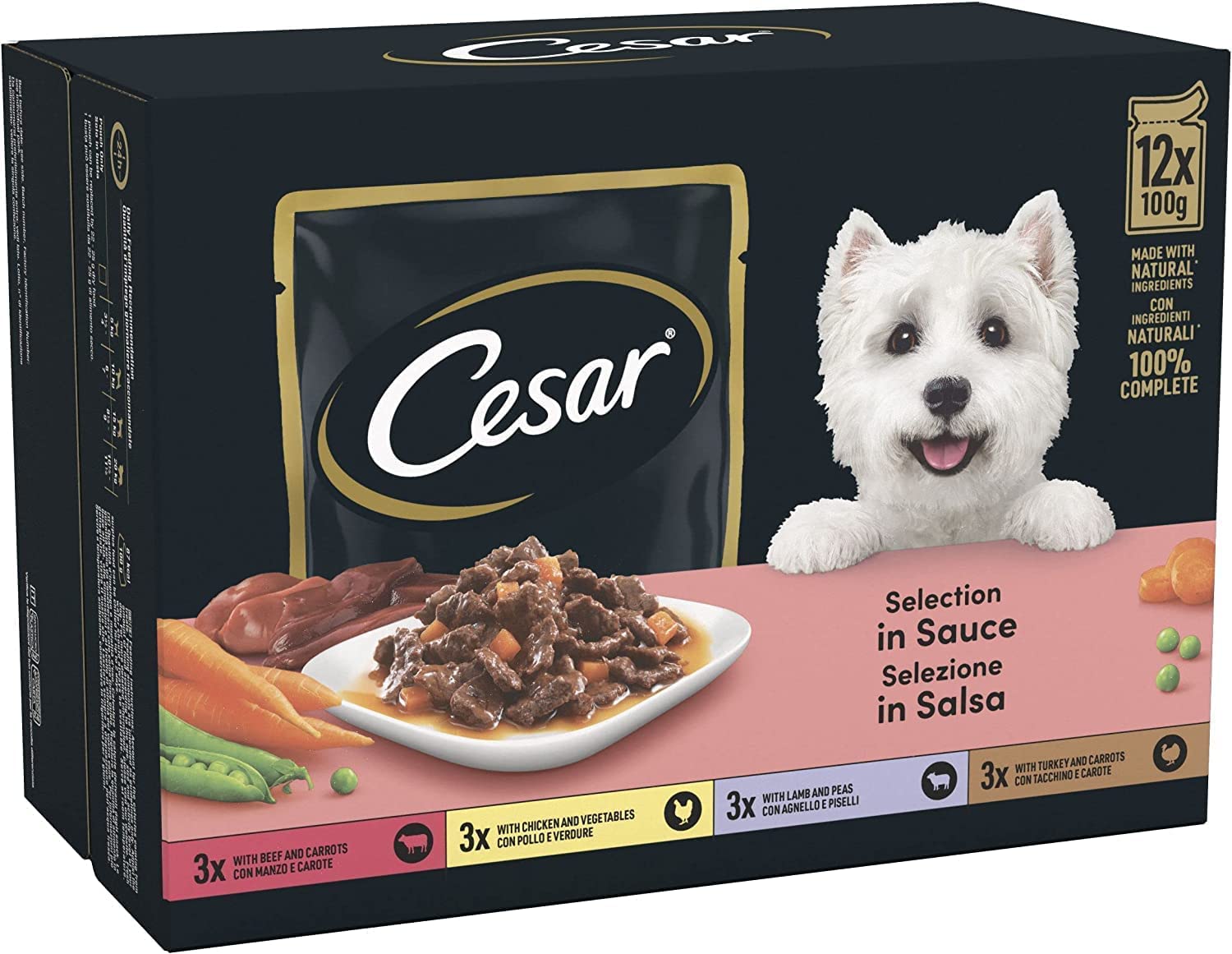 CESAR Pouch Selection in Sauce, Fresh Adult Wet Dog Food Pouches in Delicious Sauce with Succulent Meats and Vegetables, 48 x 100 g