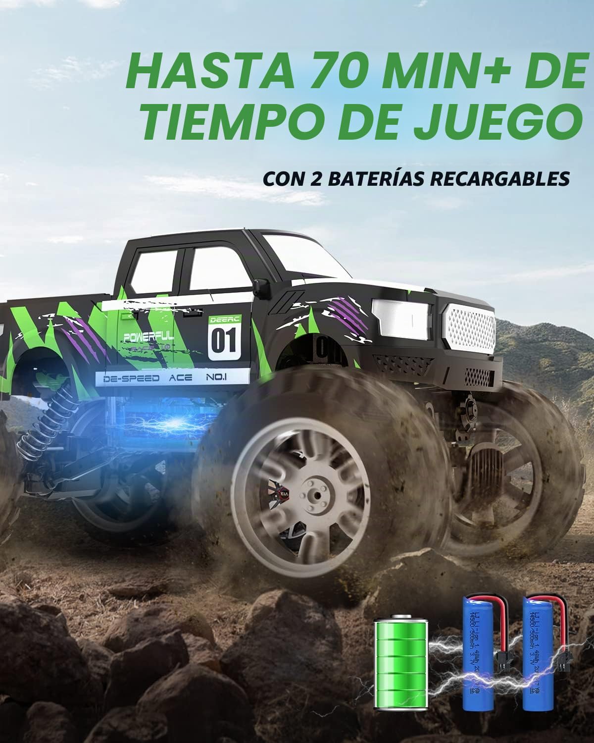 DEERC DE44 1:16 Escala Monster Truck con niebla de niebla, motores duales todoterreno RC coche, 4WD Rock Crawler con luces LED, juego de 70 minutos, vehículo de juguete para niños y adultos