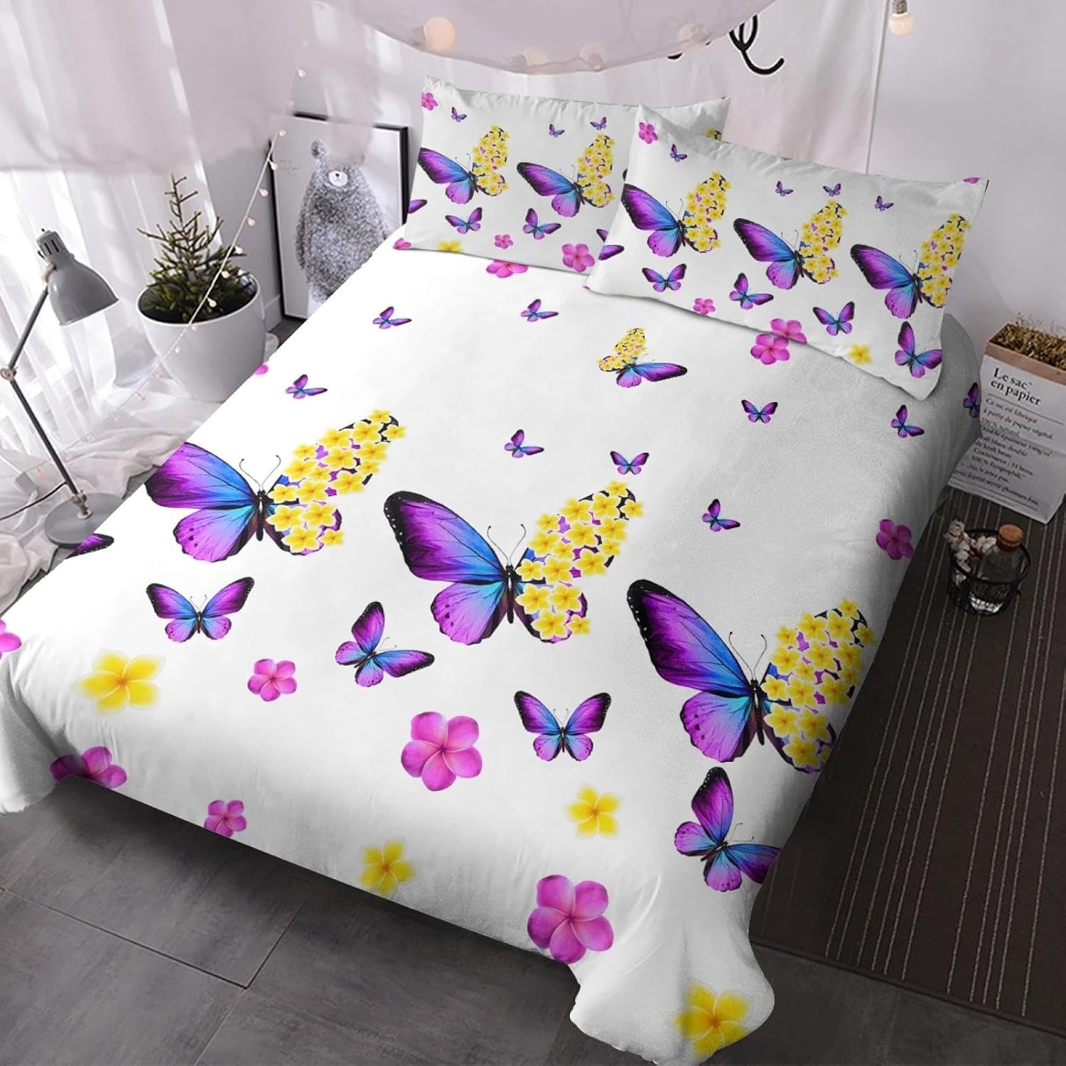 Purple Boho Yellow Flower Butterfly Bedding Sets 3 Piece Flower Butterfly Duvet Cover Sets for Bedroom Decor 240x260cm /80x80cmx2