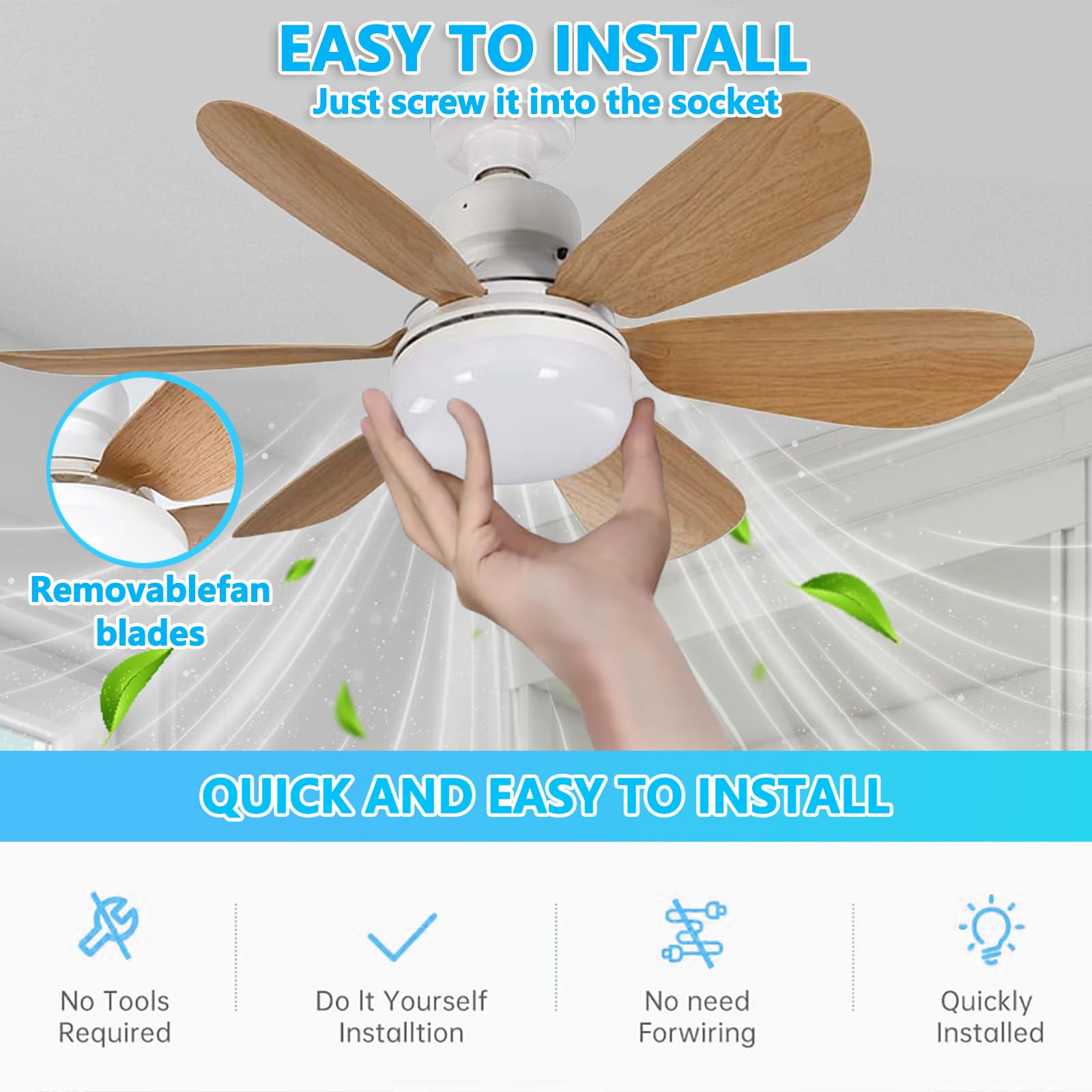 PZCC Ventilateur Plafond, Ventilateur Silencieux Plafond, 40W Lampe Ventilateur Plafond avec Douille E27, 6 Pales, 3 Vitesses, Silencieux, pour Salon, Chambre, Coucher (Grain de bois)