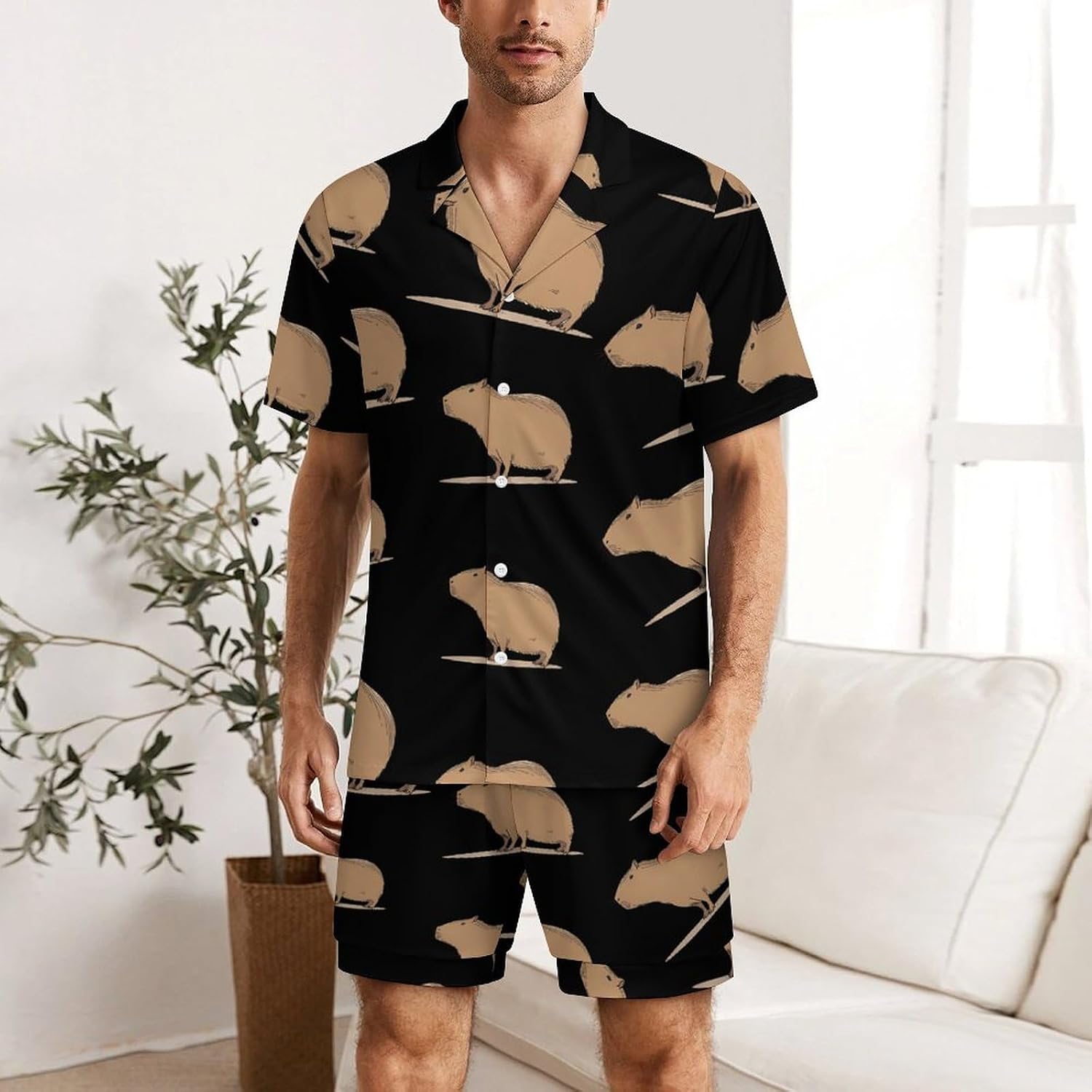 Capybara Men's Short Sleeve Pajama Set Satin Silk Like Lounge Sleepwear