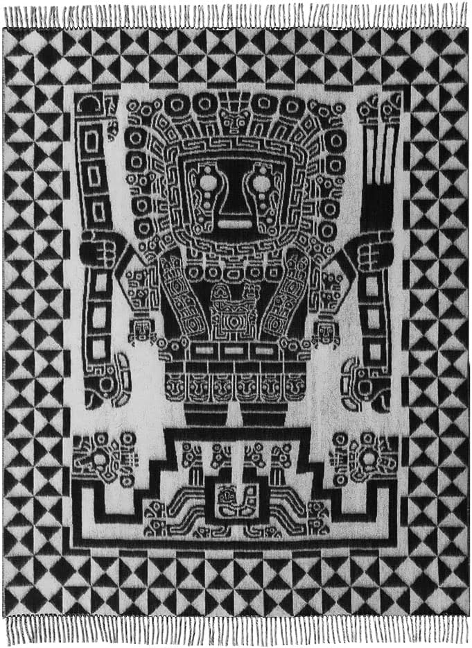 Peruvian Inca Culture Inspired Alpaca Wool Throw Blanket - Luxurious, Soft, and Stylish (Black/Fog Gray, Wiracocha God)