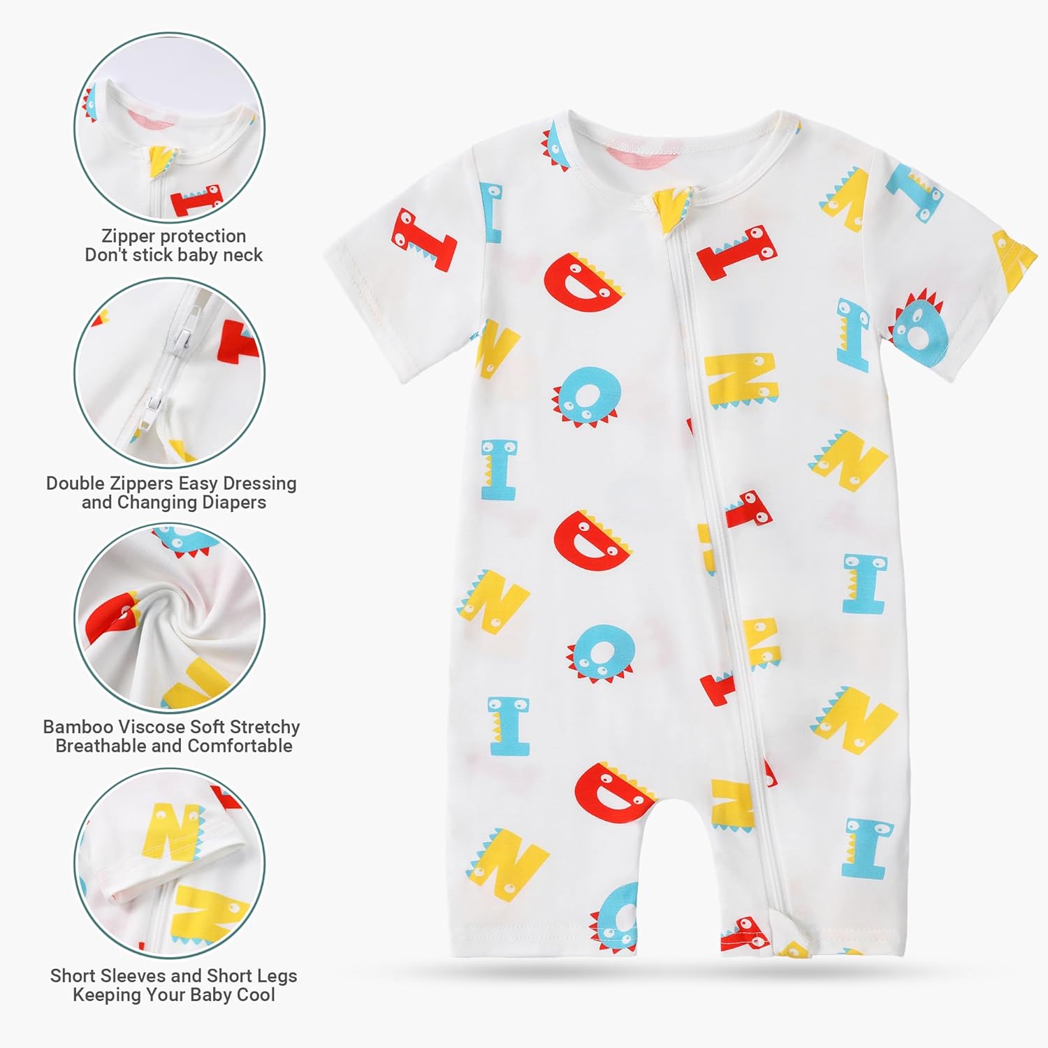 MICHLEY Baby Bamboo Viscose Short Sleeve Summer Romper 2 Pack, Unisex Newborn Zipper Bodysuit Toddler Clothes 0-24M