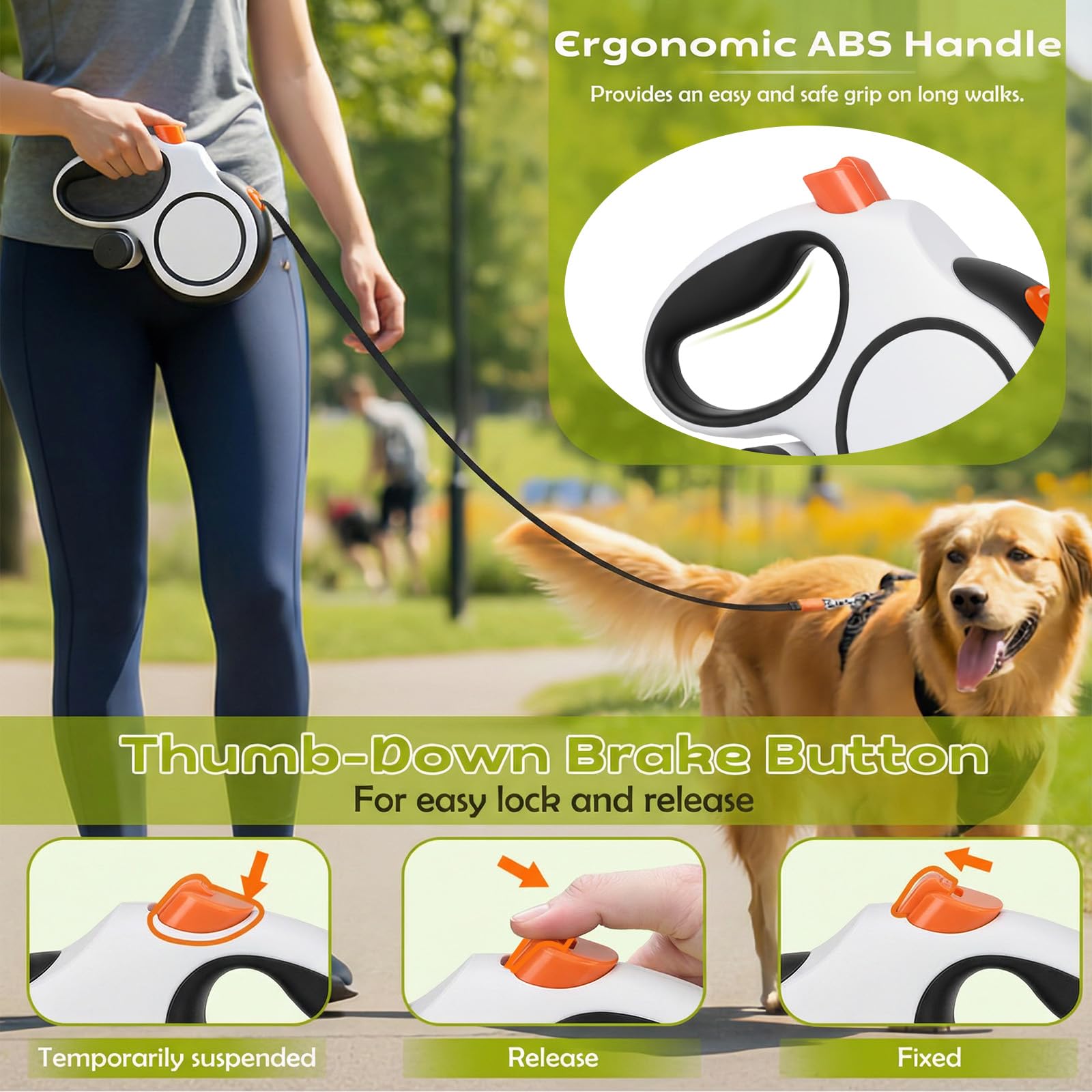 Laisse Chien Enrouleur 8m, Laisse Enrouleur pour Chiens Moyens et Grands (Jusqu’à 50kg), Anti-Morsure Laisses pour Chien avec Un Boutton S'arrêter Bloquer et Distributeur de Sacs (Blanc, 8 m)