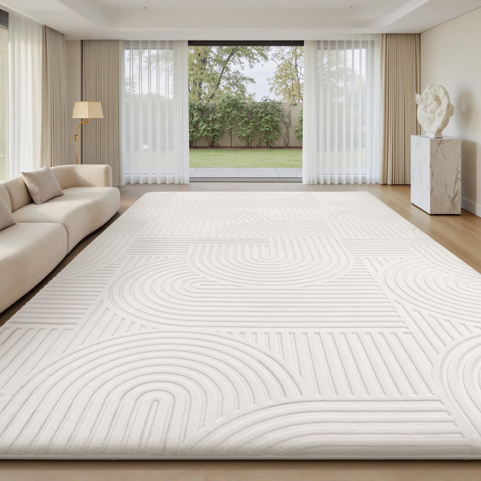 Treeboy Kurzflor Teppich Wohnzimmer， Teppich Groß Schwarz,3D Halbkreismuster Carpet,Flur Waschbarer Anti-Rutsch Grau beige Boho Teppich Teppichen Rugs für Schlafzimmer Kinderzimmer