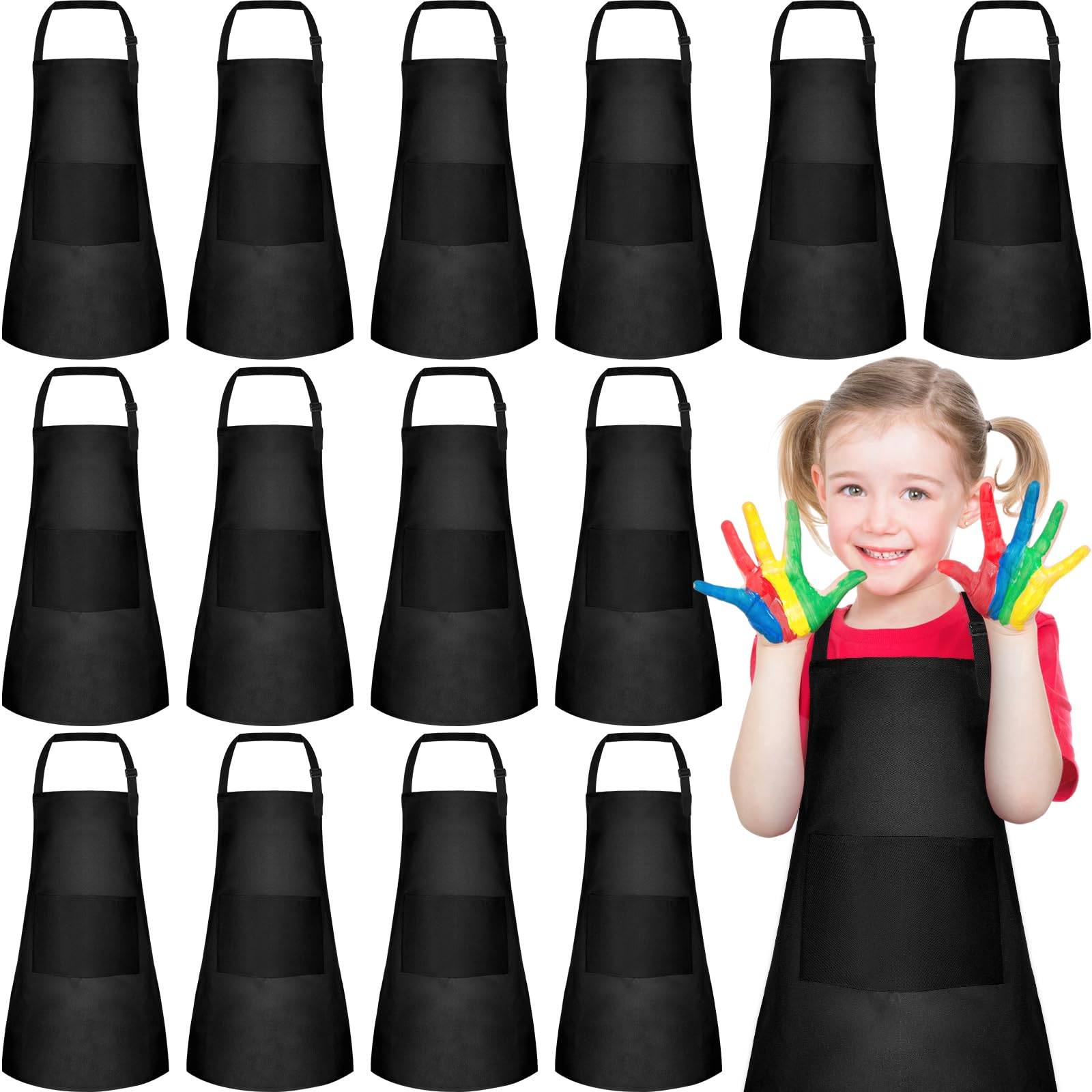 PLULON 12 Pcs Kids Aprons with 2 Pockets Painting Aprons for Kids Aprons Bulk, Paint Apron Adjustable Children Chef Aprons for Girls Boys Painting