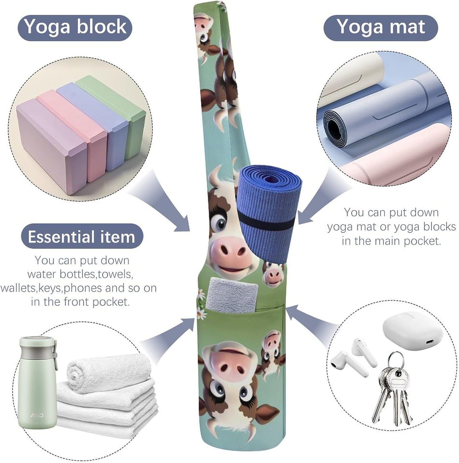 Cute Cow Printed Yoga Mat Bag Long Tote with Pockets for Your Yoga Accessories Exercise Yoga Mat Carrier Holder Multi-Functional Storage Bag Holds Most Pilates Mats image 5