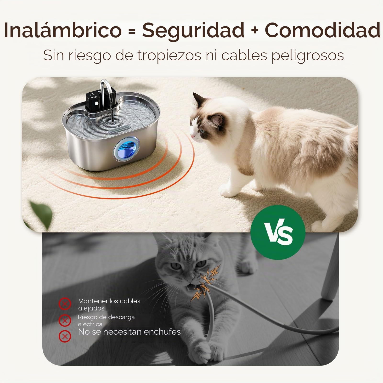 Fuente inalámbrica para Gatos de Acero Inoxidable: Fuente de Agua alimentada por batería para Interiores, dispensador automático de Agua con Sensor de Movimiento, Bomba Ultra silenciosa, filtración