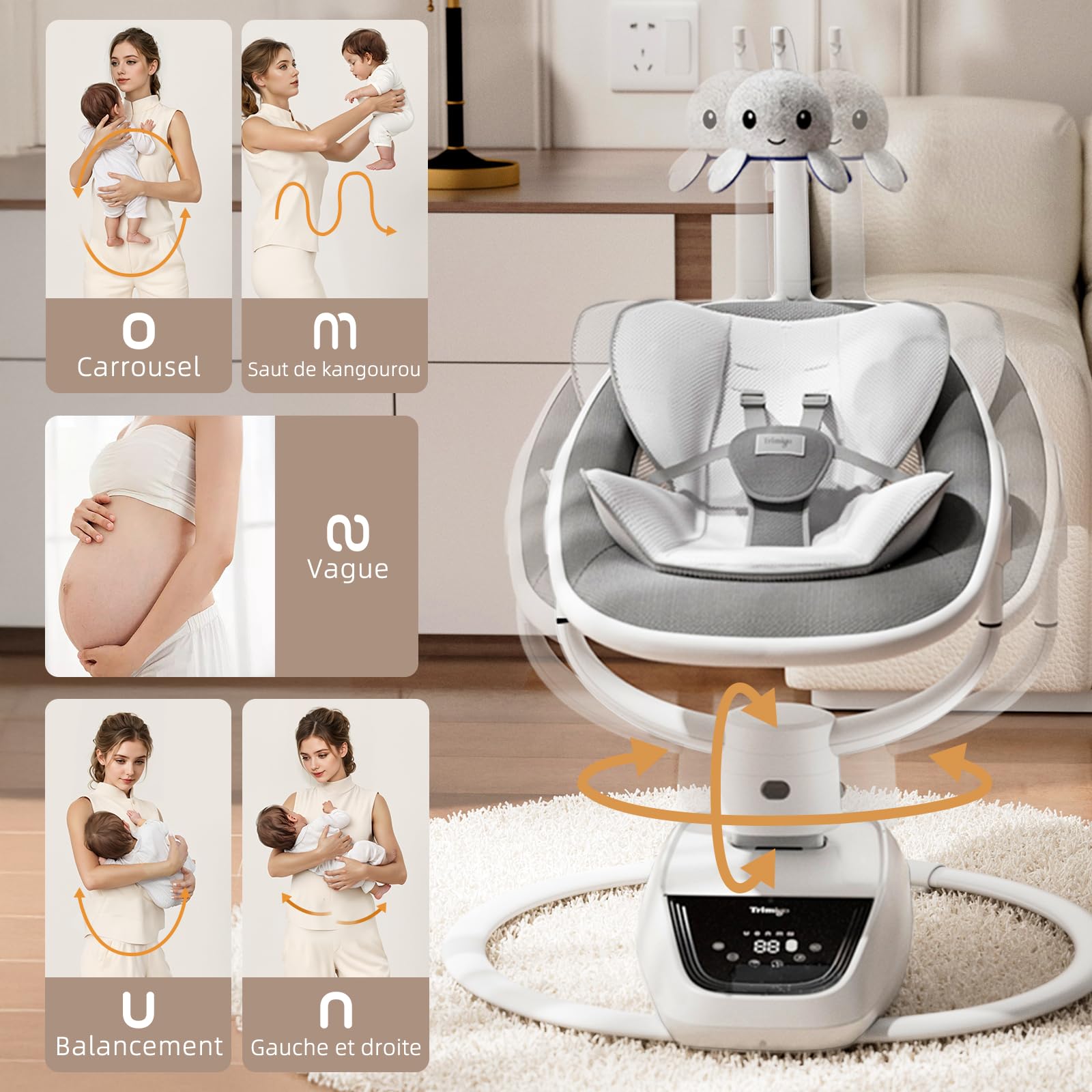 transat bébé électrique balancoire bébé Réglable inclinaison, rotation 180°, 5 modes de balancement, musique et télécommande - Jusqu'à 18 kg (Gris)
