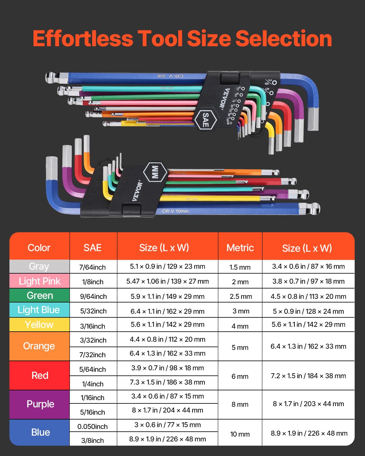 VEVOR Sechskantschlüssel-Set, 22-teilig, SAE (0,050-3/8 Zoll) und metrisch (1,5–10 mm), Farbcodierungs-Inbusschlüssel-Sets mit Kugelende, langer Arm L-förmiger Sechskantschlüssel für Fahrrad,
