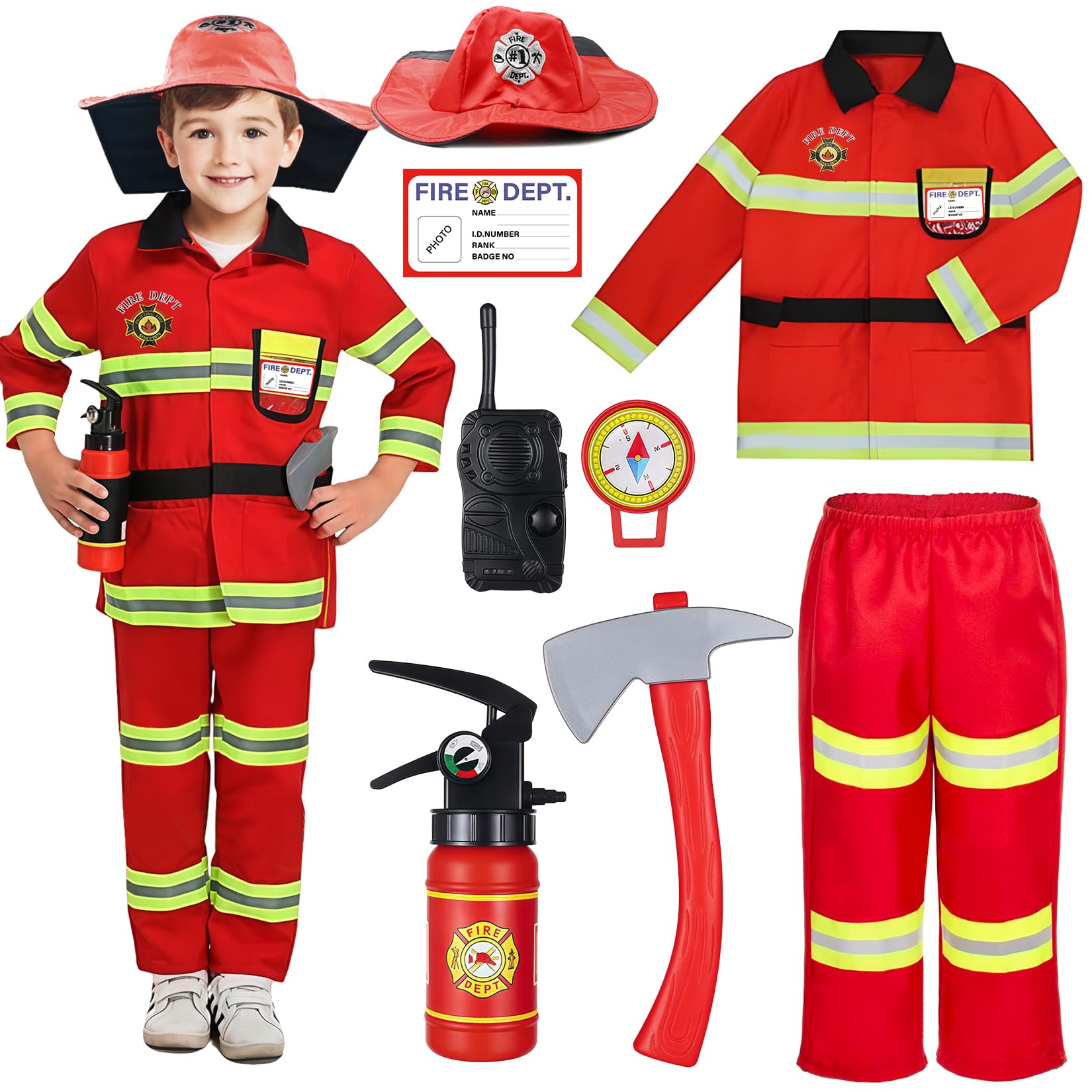 Rizuko Firefighter Costume for Kids with Tool,Fireman Outfit Toys for Boys and Girls Birthday Halloween Party Dress Up 8PCS