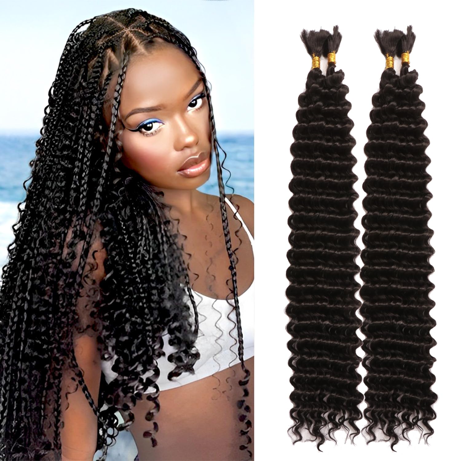 24 Inch 200G Deep Wave Bulk Braiding Hair 4 Bundles Synthetic Curly Crochet Hair Bundles for Micro Braiding No Weft Wet and Wavy Hair Extensions (1B#