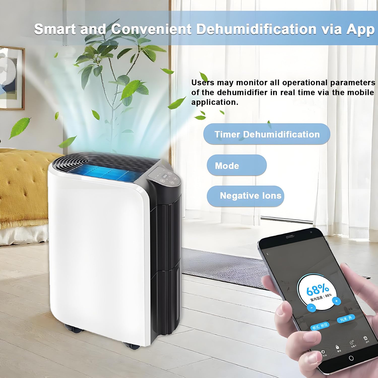 Osuszacz powietrza do całego domu, wydajność 20 l/dzień, zasięg 35 m², inteligentne sterowanie aplikacją (2,4 GHz i 5 GHz), energooszczędny 280W, ciągły drenaż, przenośny z kółkami 360°