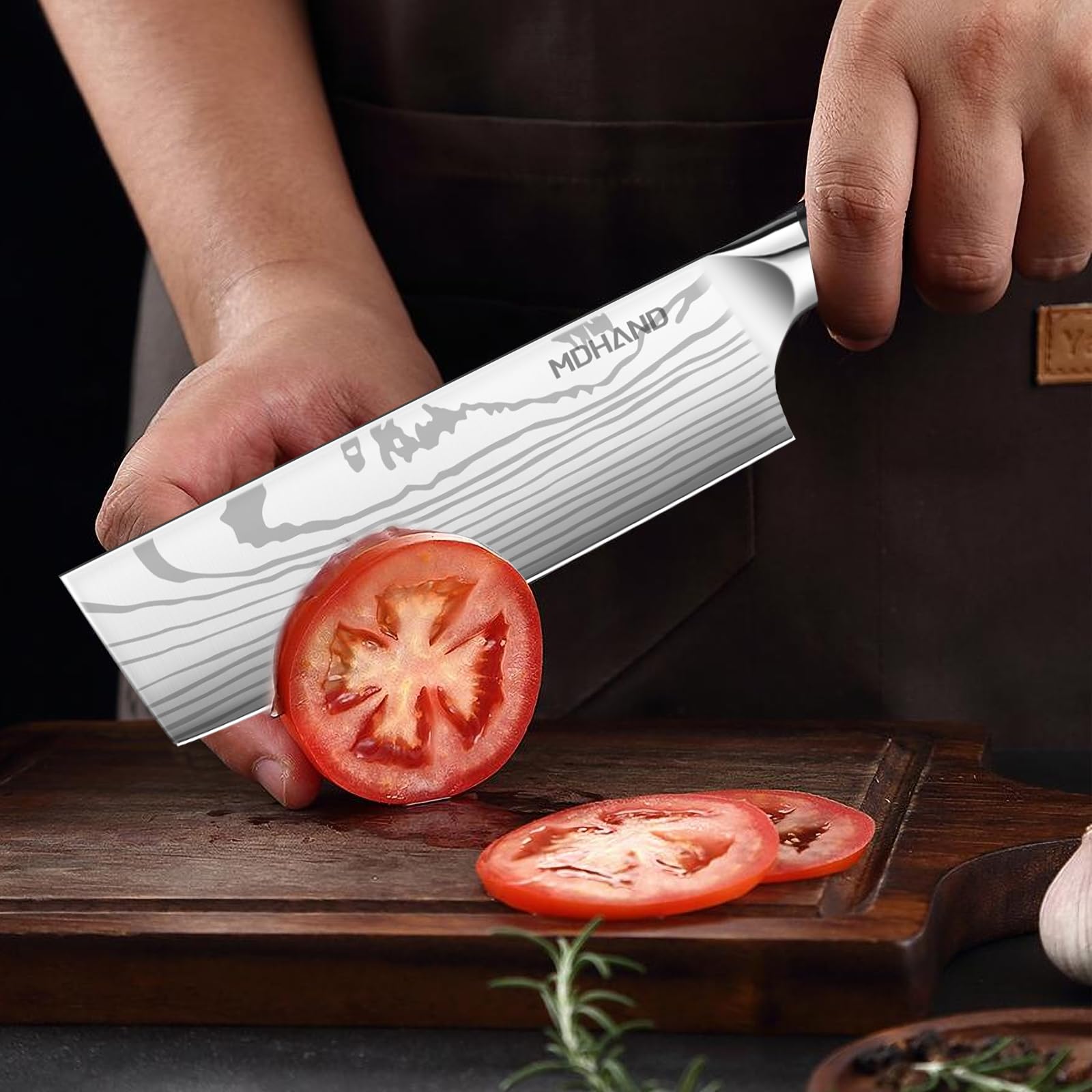 MDHAND Küchenmesser Set，8-teiliges professionelles Messerset mit Rolltasche, Extrem Scharf Profi Kochmesser Set mit Ergonomischen Pakkaholz Griffen für Haus und Restaurant