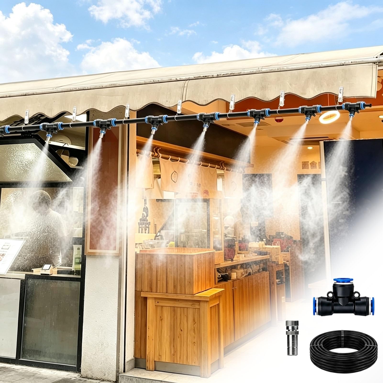 Kit Irrigazione Automatica Sistema di Raffrescamento a Nebulizzazione per Tettoie | Kit di Irrigazione Completo, Nebulizzazione Automatica con Ugelli, Sistema per Patio, Cortile e Giardino(87m/285ft)