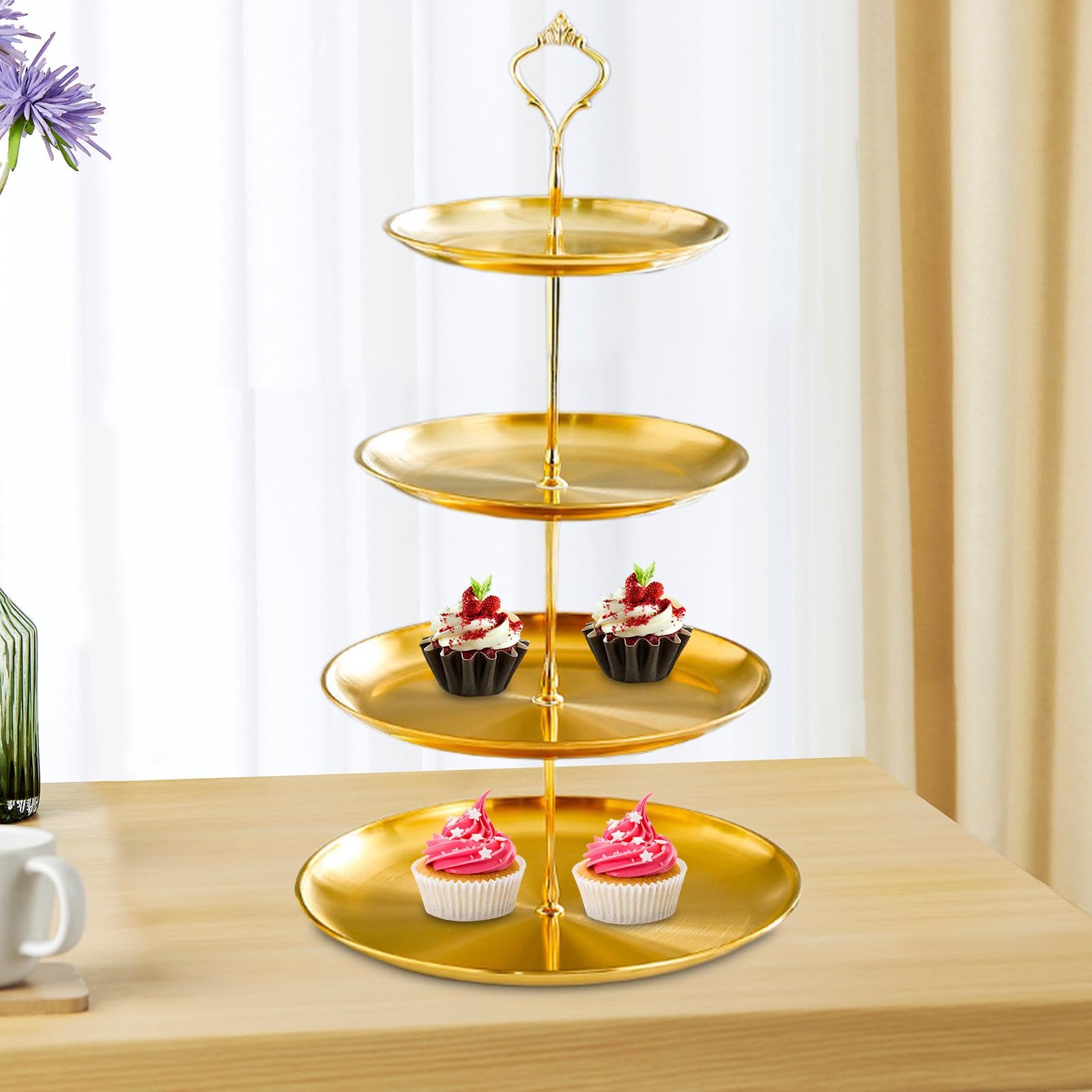 Soporte para Postres Placa para Frutas Expositor para Cupcakes Bandeja para Servir de Acero Inoxidable Atractivo Adecuado para Shower Aniversario, 4 Niveles, Individual