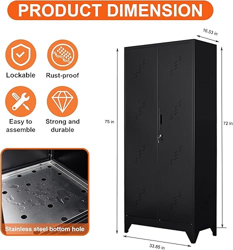 Miniatura 3 de Armario de almacenamiento de metal de 75 pulgadas, gabinete de almacenamiento de herramientas de limpieza, armario de escoba de almacenamiento
