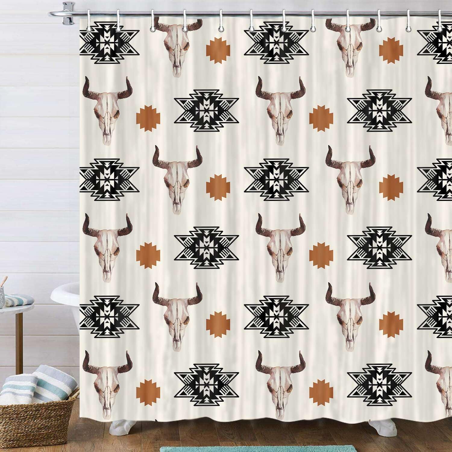 JAWO Western Boho Shower Curtain Native Aztec Tribal Bull Skull Southwestern Cow Bohemian Geometric Pattern Beige Bathroom Decor Aztec Shower Curtain with Hooks