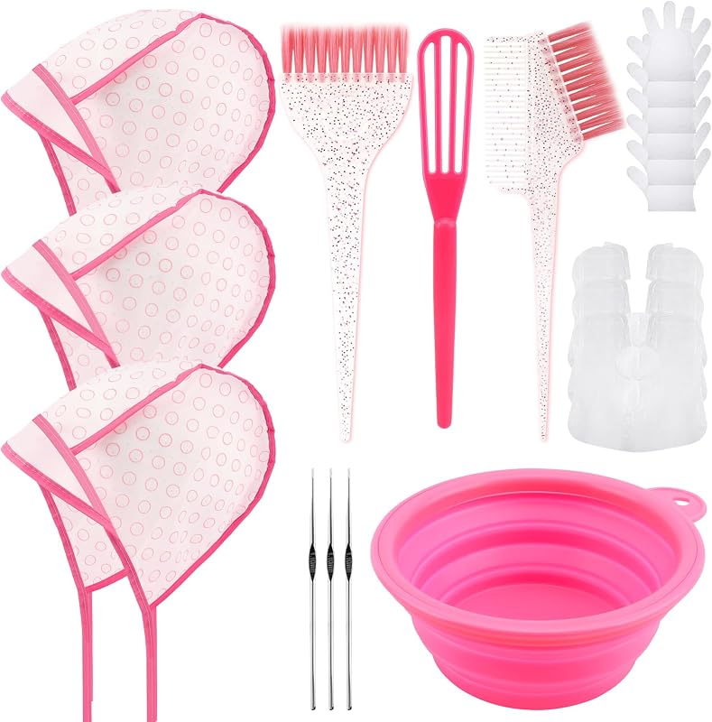 YOOVR Kit de 19 piezas para resaltar el cabello con cepillo para teñir y gorros de glaseado | Ganchos de metal, cuenco, batidor de color, capas y guantes, herramientas de salón de uso doméstico para resaltar el cabello, decolorar, teñir, rosa