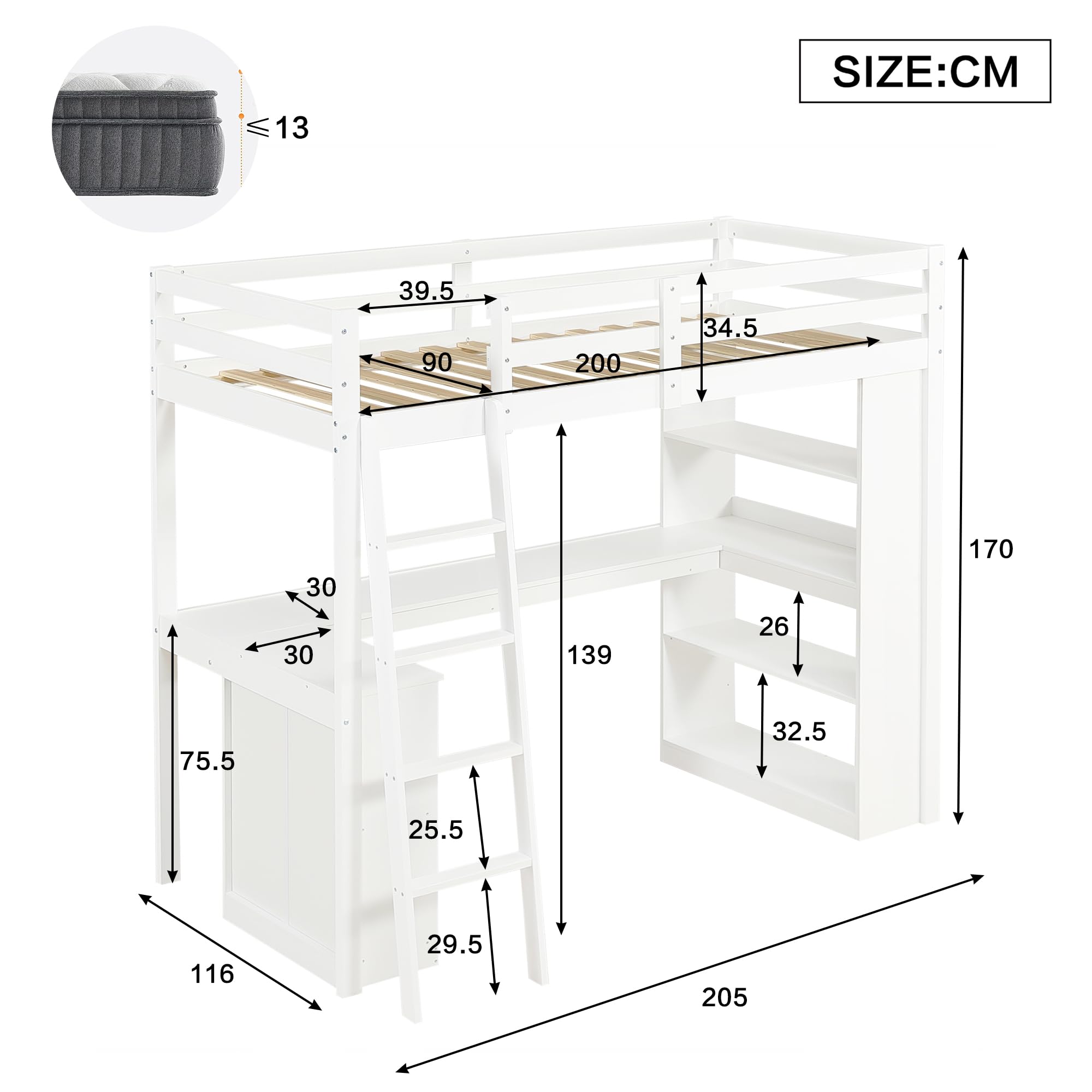 SUKY Cama Alta 90x200 cm con Estante de Almacenamiento y Barandilla de Seguridad