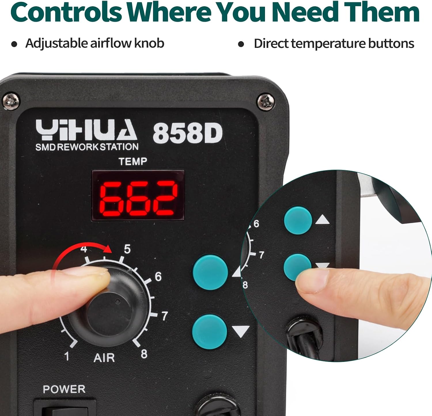 YIHUA 858D 700W Hot Air Rework Station, 3 Nozzles, Auto Standby