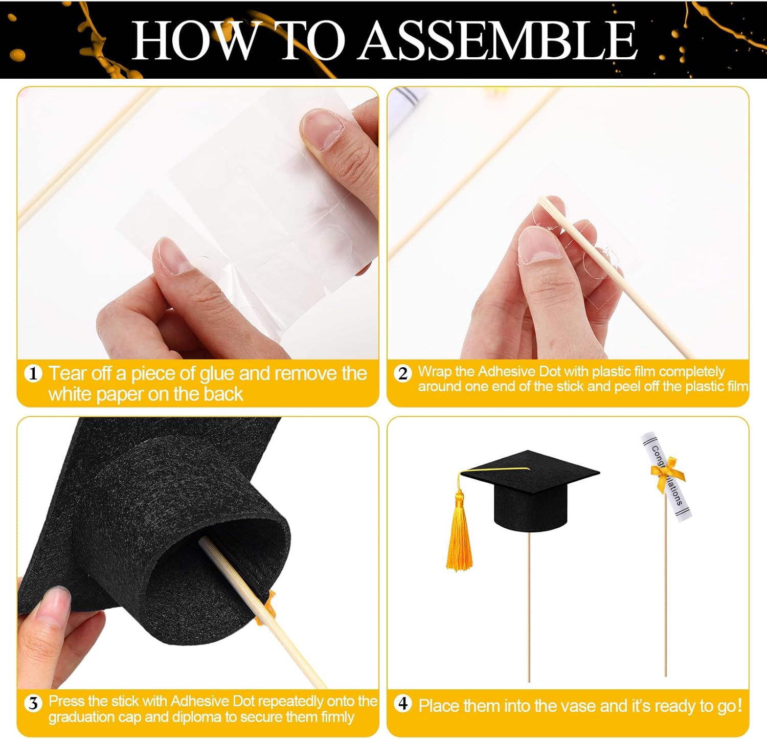 Breling 24 Pcs Black and Gold Graduation Centerpiece Sticks Felt Graduation Scroll Diploma and Grad Cap with Tassel Decor 2026 Table Toppers Centerpiece Party Supplies for Grad Party Decorations