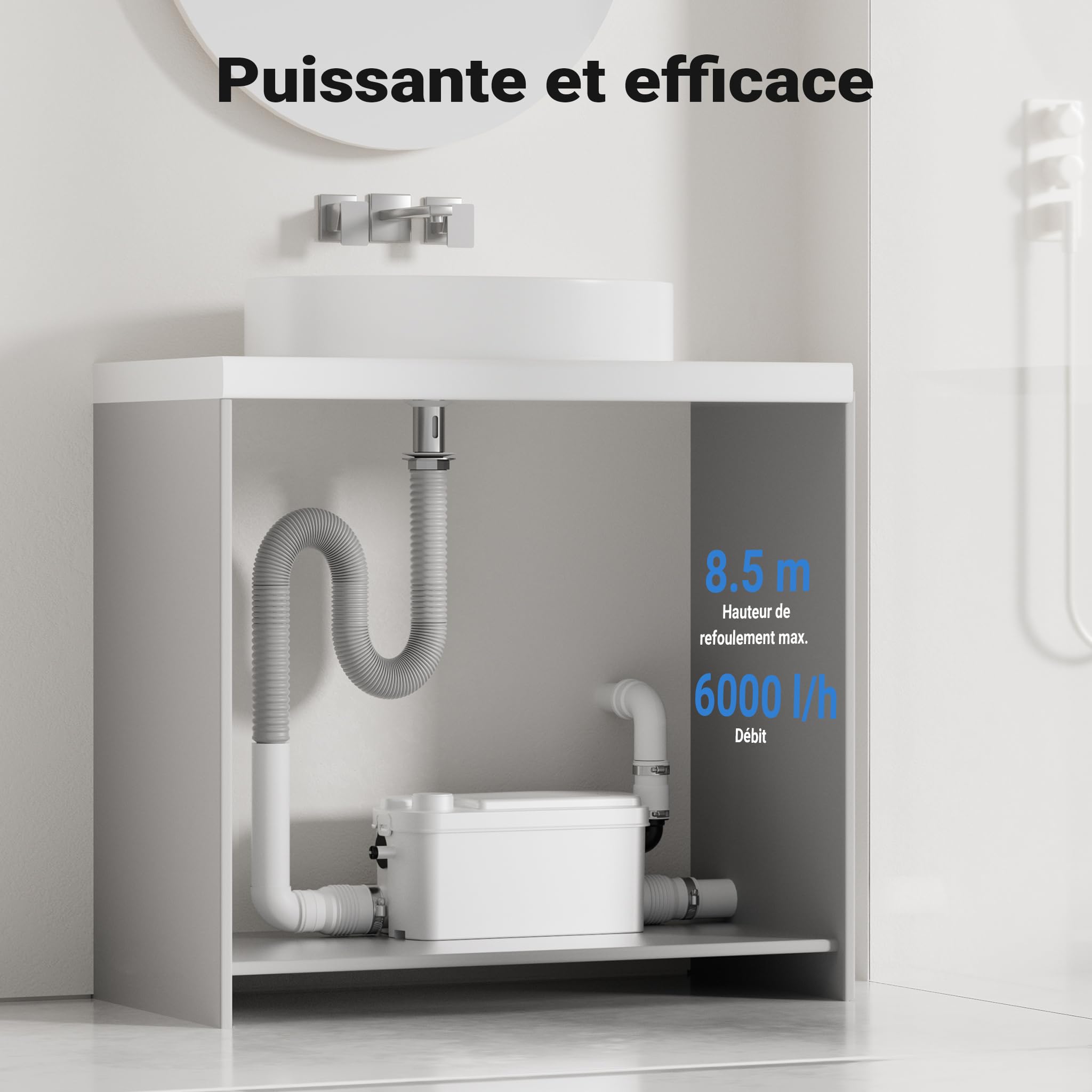XPOtool Pompe de relevage 3/1 compacte – 250 W – avec 3 entrées – Hauteur de refoulement max. 8,5 m – Eaux usées Eaux chargées Pompage – Station de relevage pour Lavabo, Douche, Toilette, WC