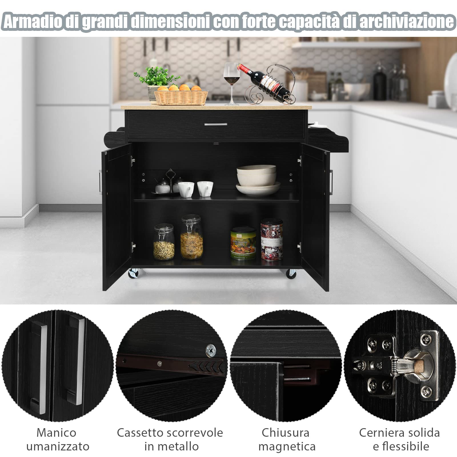 COSTWAY Carrello da Cucina con Ruote di Gomma, Scaffale per Microonde Carrello Servizio, Mobile Cucina con Ripiani e Ante, Credenza Cucina Legno Moderno Elegante, 116 x 37 x 85 cm (Nero)