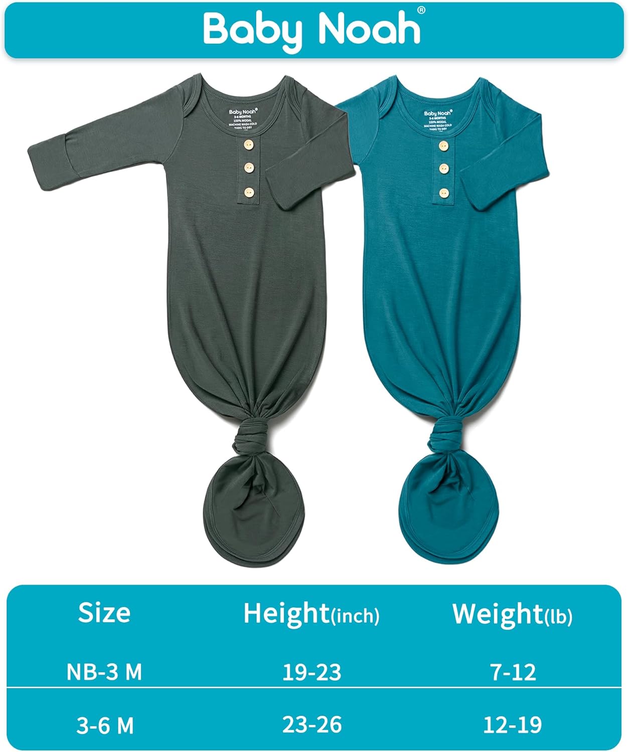 Baby Noah Newborn Knotted Gown Set with Hat and Headband, Soft Tie Bottom Newborn Sleepers for Baby Girl Boy (2 Packs) - Image 7