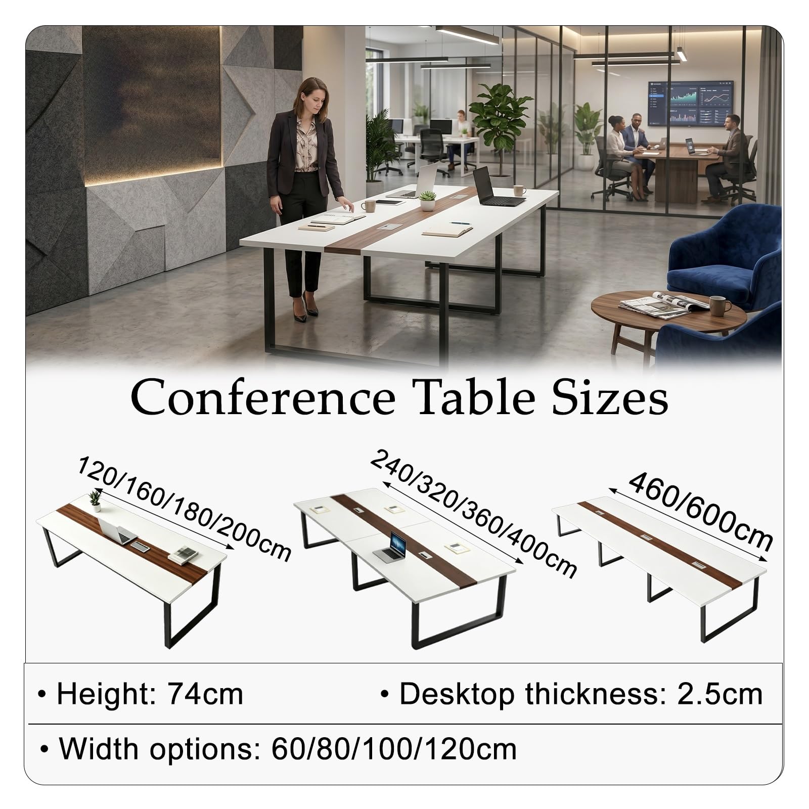 Tavolo Riunioni Ufficio con Passacavi, Tavolo da Conferenza, 360x120 cm | Da 160 a 600 cm: piano spesso 2,5 cm, struttura in acciaio e configurazione modulare per sale riunioni piccole e grandi