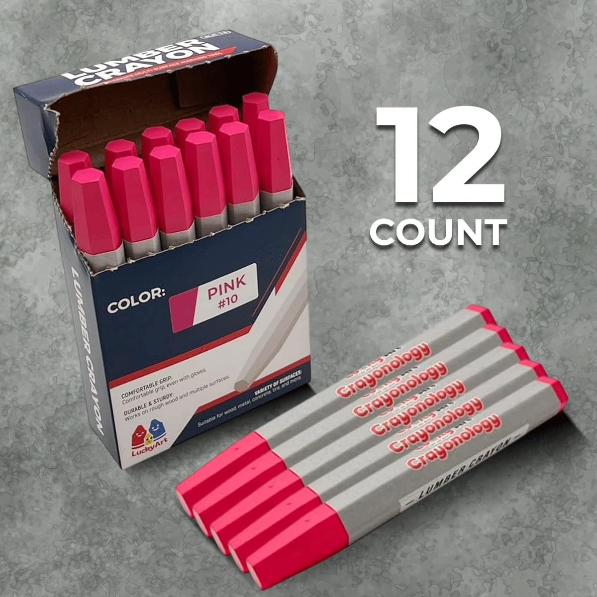 Lumber Crayons – Pink, Pack of 12 | Hexagonal Construction Marking Crayons for Wood, Concrete, Asphalt, Metal | Durable, Smudge-Free, Break-Resistant