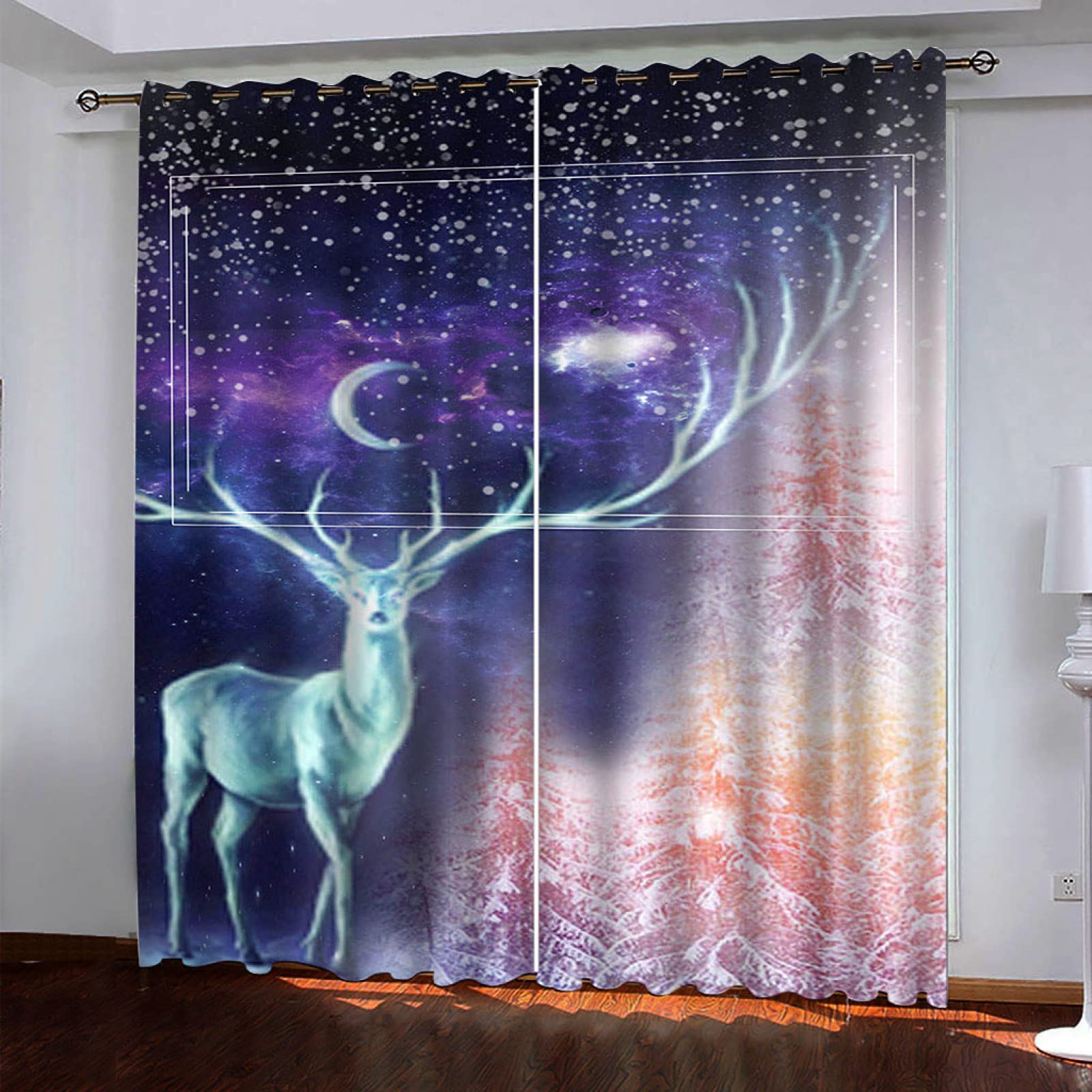 Cortinas Opacas para Salon Moderno - Cortinas Termicas Aislantes con Ollaos - Dormitorio Cocina Decoracion - 3D Alces del Bosque De Estrellas, 2 Piezas 280 X 260 Cm（An X Al）