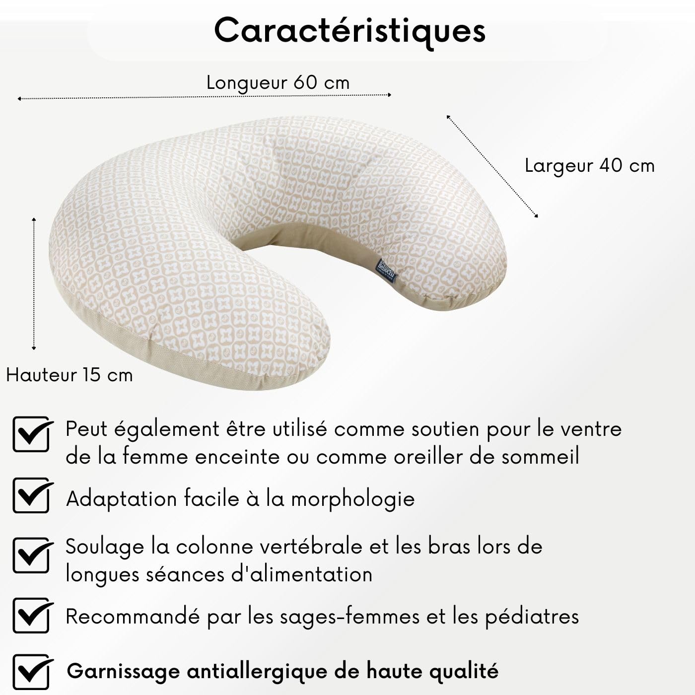 Bellochi Coussin d'allaitement avec Housse Coussin Allaitement - 100% Coton - Oreiller Allaitement Multifonction 40x60cm (Lux)