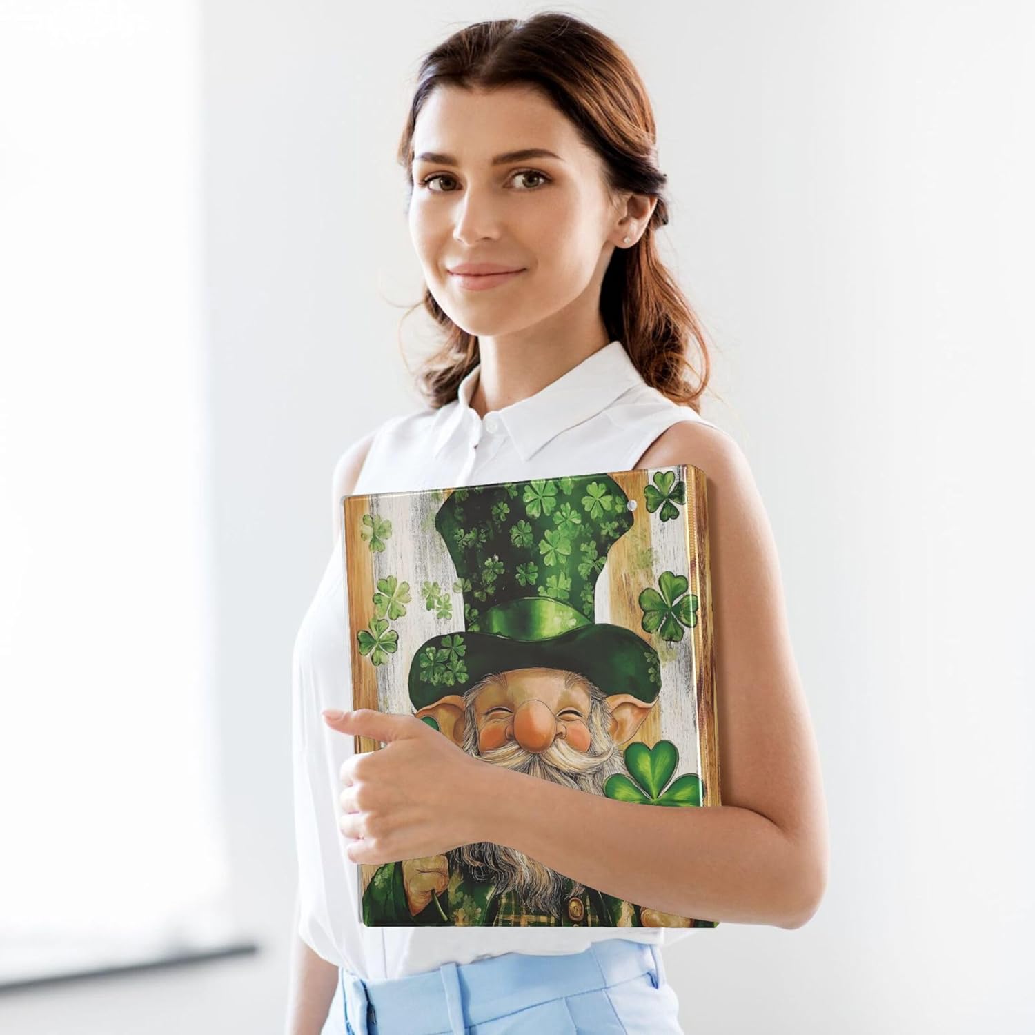 St Patrick's Gnome Clovers 3 Ring Binders, 1.5” Round Ring Binders with Clipboard - Letter Size, 3 Interior PVC Clear Pockets & Anti-Slip Clip for Office School Supplies, 2PCS