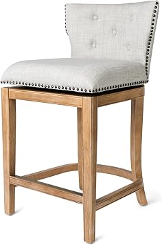 Maven Lane Hugo 26 Inch High Counter Height Barstool with Low Back in Weathered Oak Finish with Sand Color Fabric Upholstered Seat