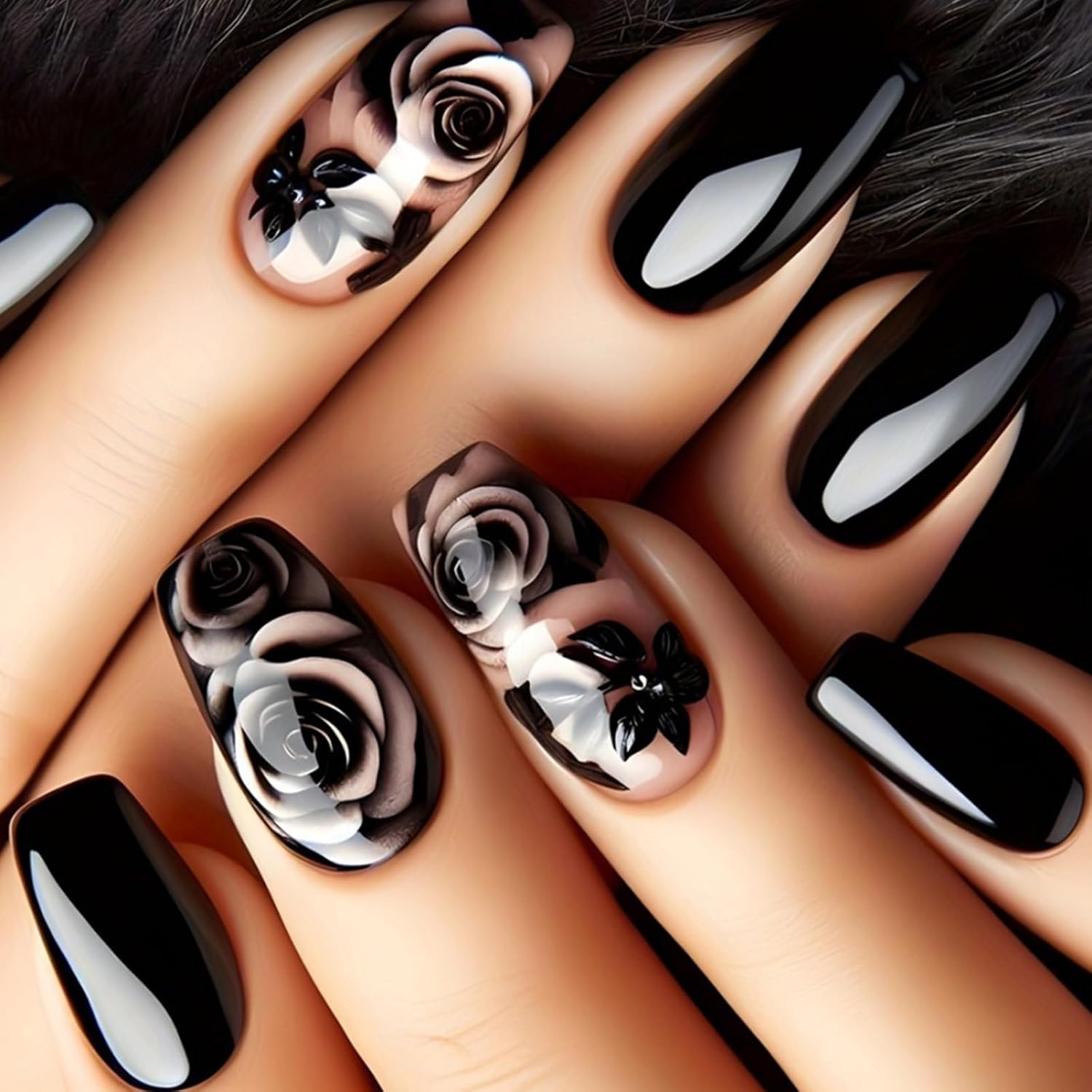 Pack of 24 Flower Nails for Sticking Medium Black Rose French Press on Nails Plain Acrylic Artificial Fingernails for Gluing Natural Coffin False Nails for Women Girls Nail Art