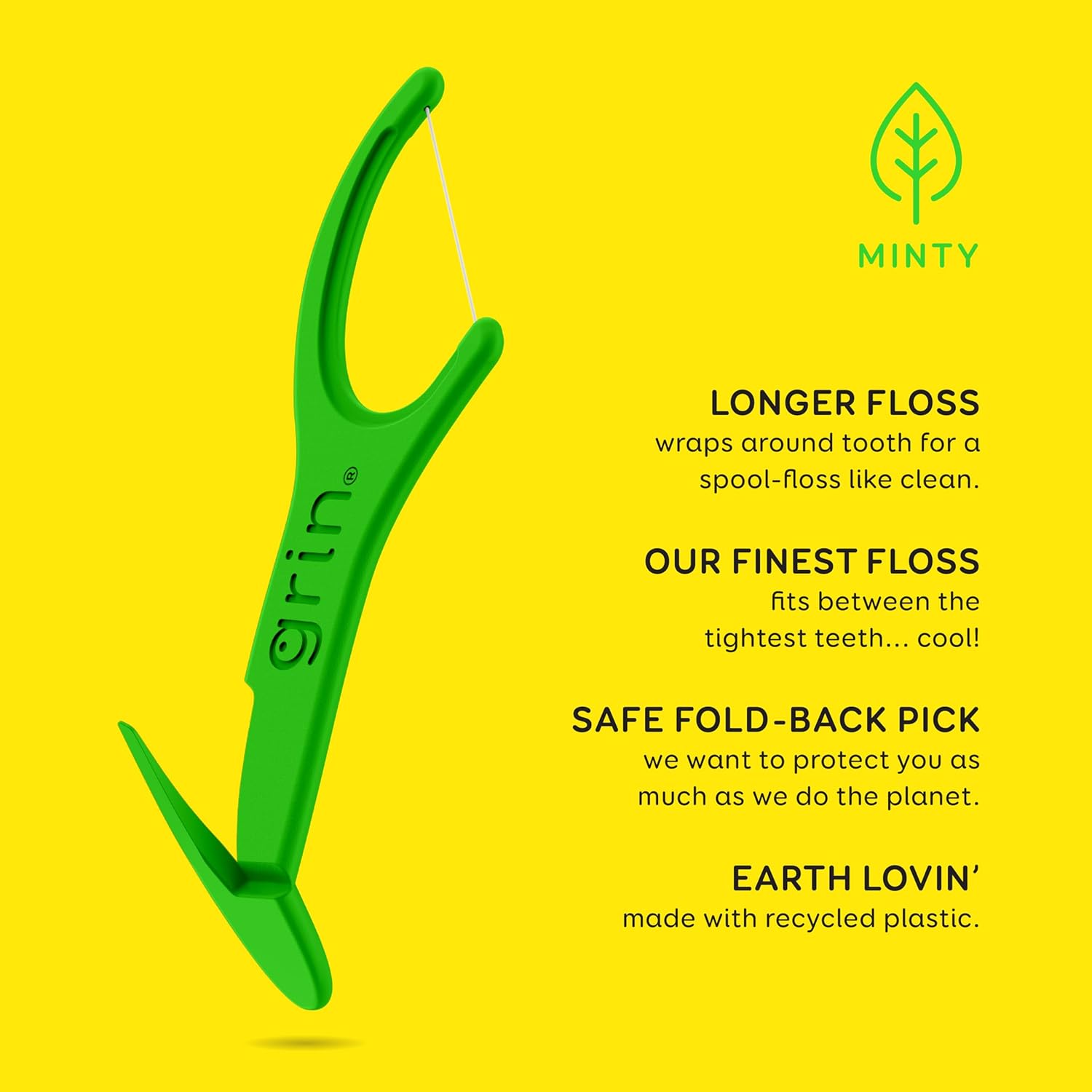 GRIN XtraFine Flosspyx, Floss Picks, 75 Count, Dental Flossers, Minty Flavor, Recycled Plastic, for Super Tight Teeth, Longer Floss Head, Slide Between Teeth, Includes Safe Soft Fold-Back Tooth Pick