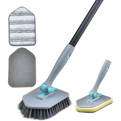 Shower Cleaning Brush with Long Handle, 3 in 1 Tub and Tile Scrubber Brush with 50.4'' Extendable Long Handle Detachable Stiff Bristles Scrub Brush for Cleaning Bathtub Shower Bathroom (Grey)