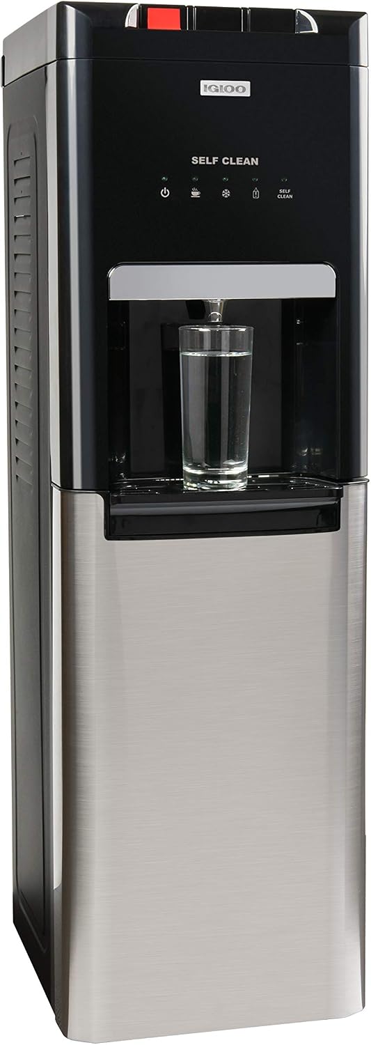 Igloo Stainless Steel Hot, Cold & Room Temperature Ozone Self-Cleaning Water Cooler Dispenser, Holds 3 & 5 Gallon Bottles, No Lift Bottom Loading, Child Safety Lock, Black/Stainless