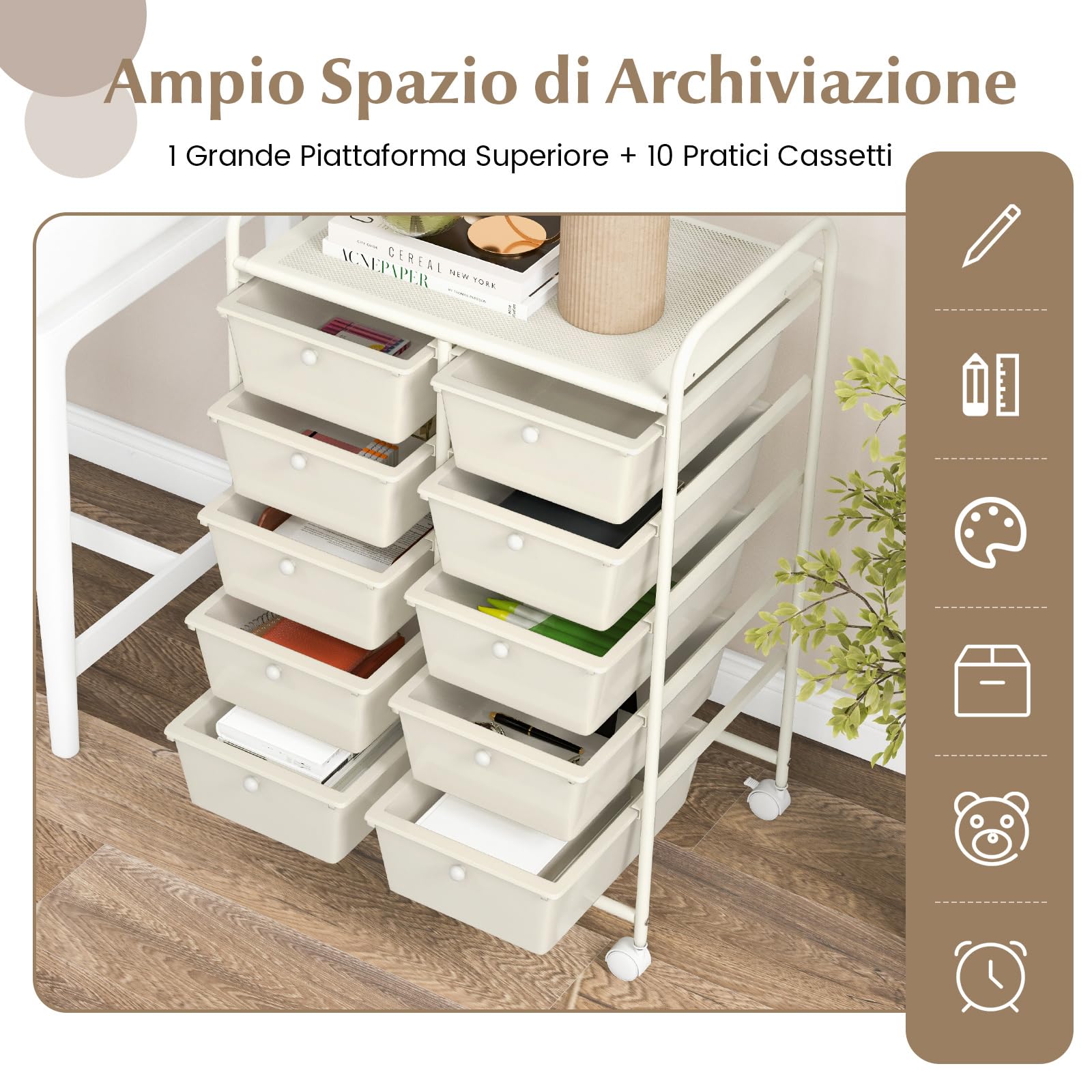 COSTWAY Carrello a 10 Cassetti con Ruote, di Stoccaggio con Stabilità Elevata, Multiuso per Casa Ufficio e Scuola, 65,5 x 37 x 87 cm (Bianco)