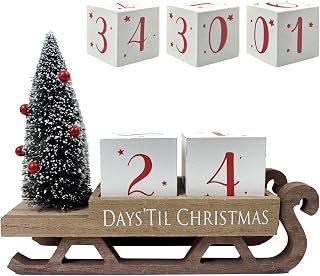 Christmas Countdown Blocks Santa Sleigh Advent Calendar 99 Days Christmas Tree Decorations Wooden Farmhouse Rustic Sign Xmas Party Holiday Décor for Home Living Room, Mantel, Tiered Tray
