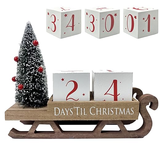 Christmas Countdown Blocks Santa Sleigh Advent Calendar 99 Days Christmas Tree Decorations Wooden Farmhouse Rustic Sign Xmas Party Holiday Décor for Home Living Room, Mantel, Tiered Tray